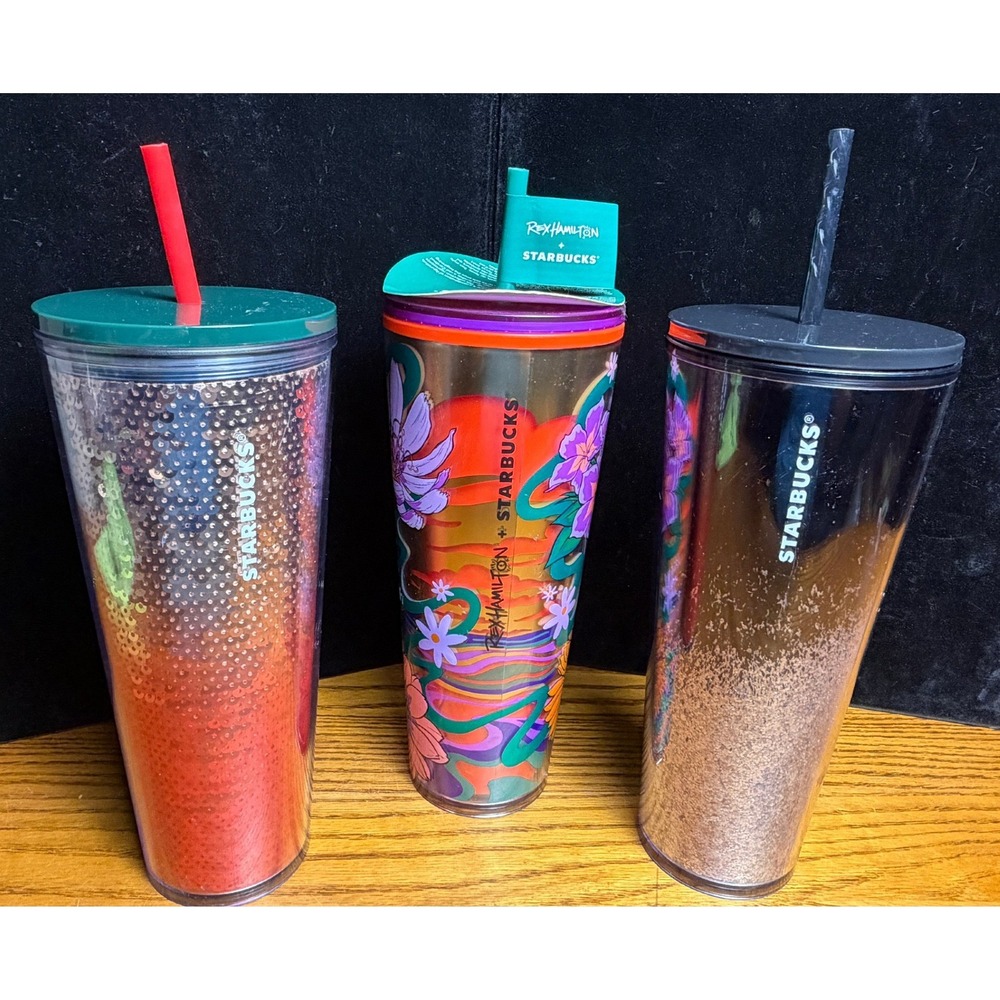 Starbucks 24oz 3 Tumbler Lot-Rex Hamilton Floral Sequin Holiday Glitter